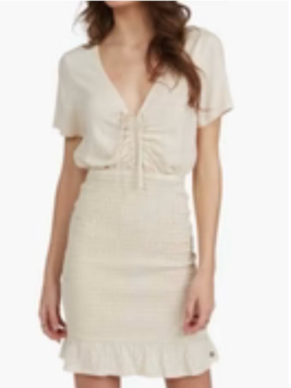 Roxy Cream Lace-Up V-Neck Smocked Skirt Dress